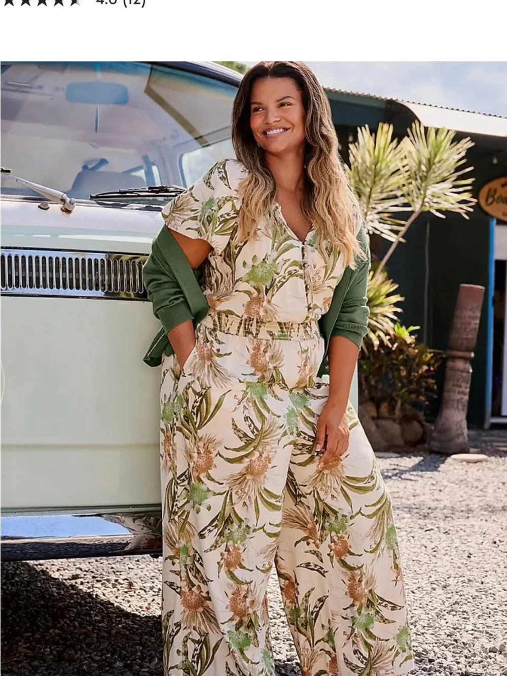 Lane Bryant NWT 14/16 Cream Floral Wide-Leg Jumpsuit with Green Print